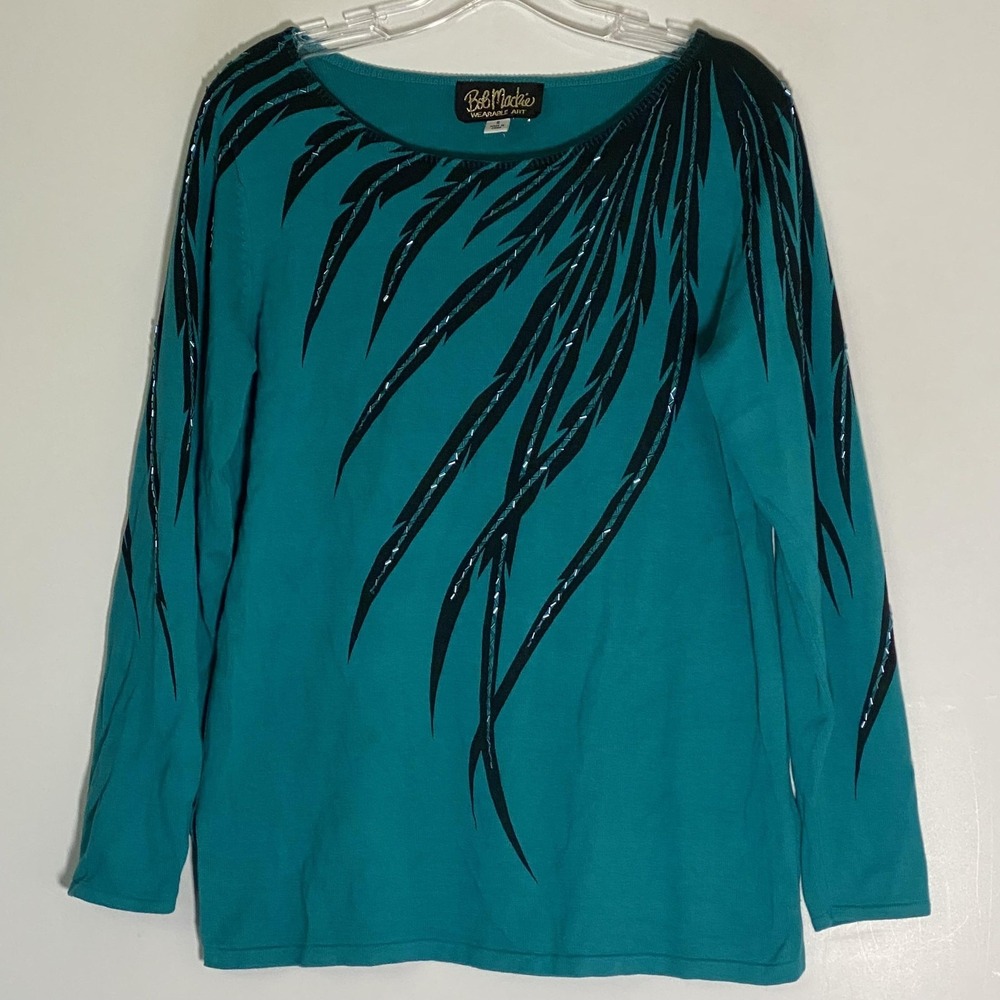 Bob Mackie Top Womens Small Blue Beaded Wearable Art Boho 90s Y2K